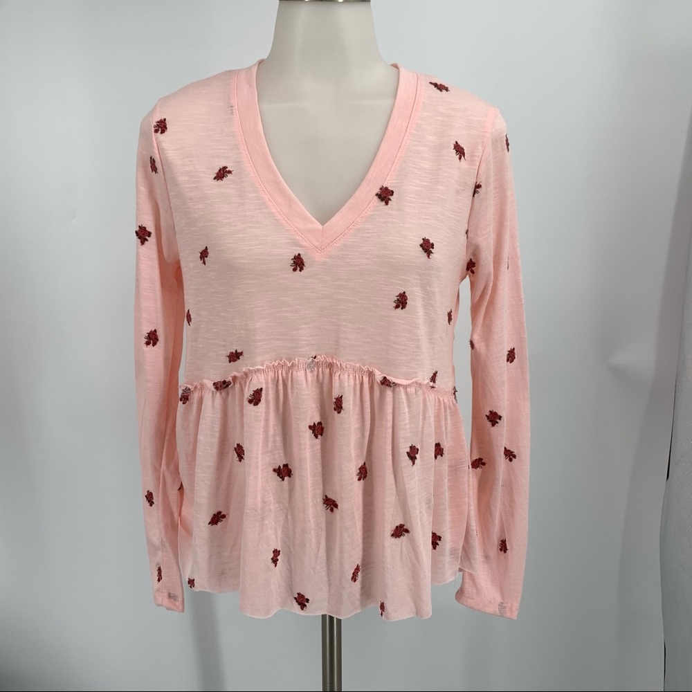Francescas Pink Embroidered V-Neck Long Sleeve Top